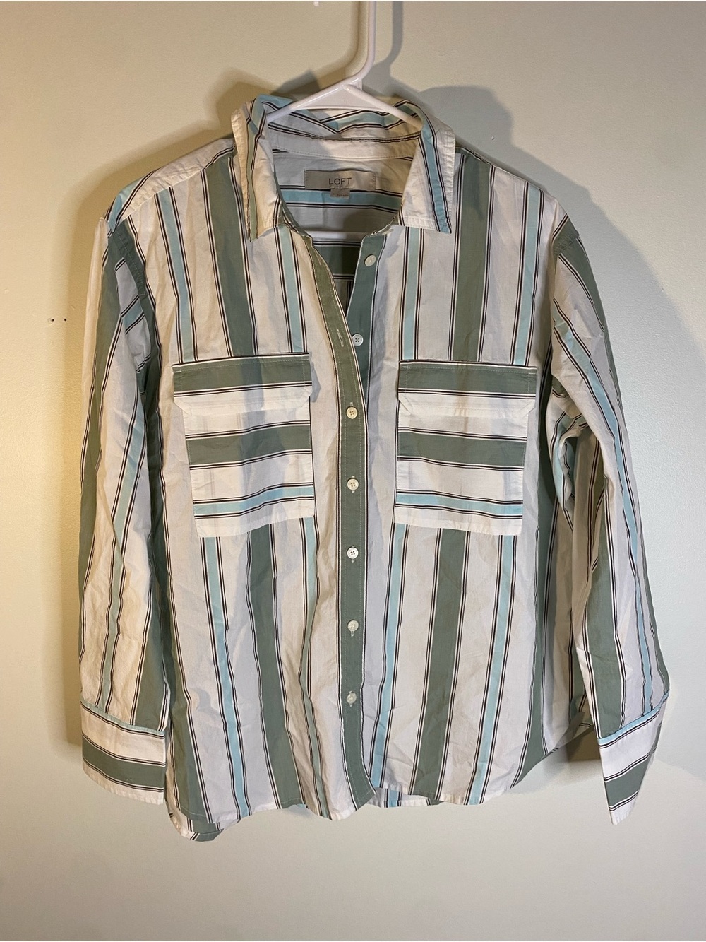 LOFT Green and White Striped Button Down Shirt